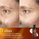 Comparación del antes y el después de la piel de una participante durante 7 días, que muestra una piel visiblemente más luminosa, con mayor resplandor y un tono más uniforme.