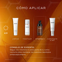 Guía de aplicación de Medik8 para la rutina matutina, con limpiador, tónico, sérum C-Tetra Advanced para la luminosidad y crema hidratante con SPF para una protección e hidratación óptimas de la piel.