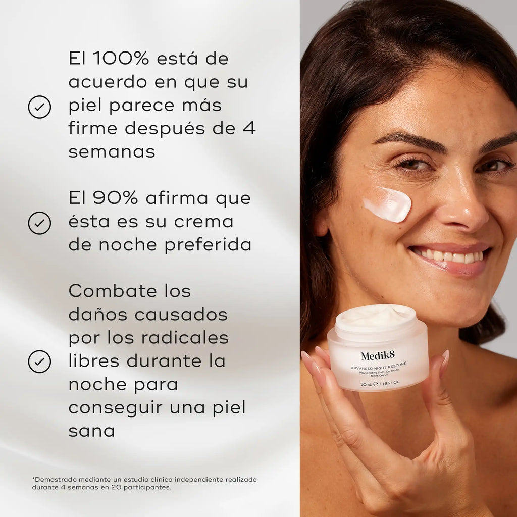 Beneficios de usar la crema de noche Advanced Night Restore de Medik8. Piel más firme en 4 semanas, el 90% asegura qeu es su crema preferida