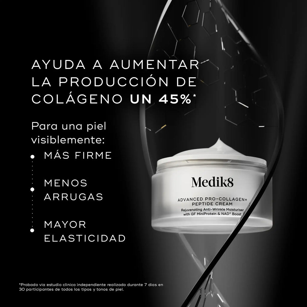 Beneficios de Medik8 Advanced Pro-Collagen+ Peptide Cream: aumenta un 45% la producción de colágeno, piel más firme, menos arrugas y mayor elasticidad
