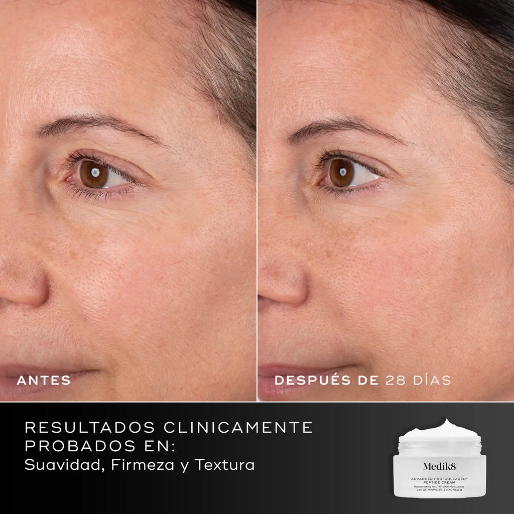 Antes y después de 28 días usando Medik8 Advanced Pro-Collagen+ Peptide Cream, mejora visible en suavidad, firmeza y textura de la piel