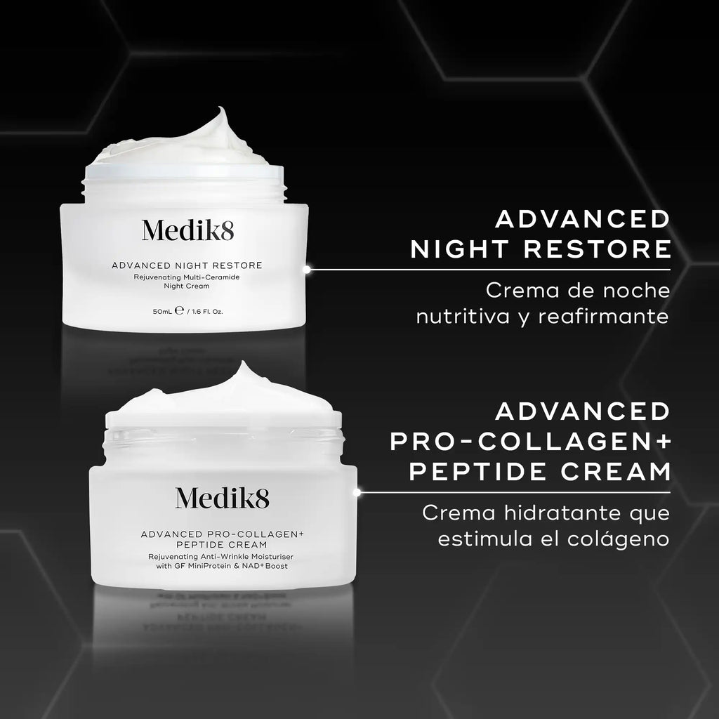 Comparación productos Medik8: Advanced Night Restore como crema de noche nutritiva y reafirmante vs Advanced Pro-Collagen+ Peptide Cream como crema hidratante que estimula el colágeno
