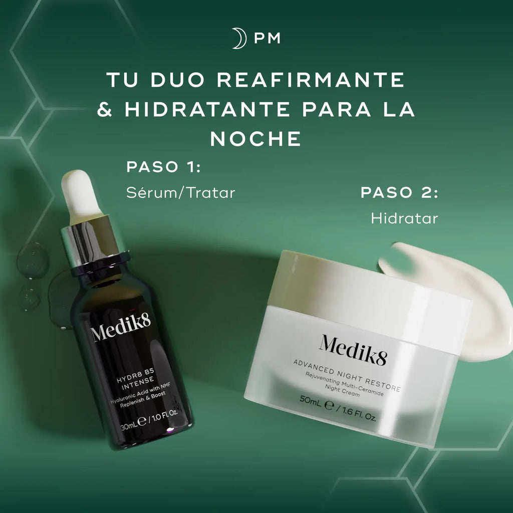 Dos productos para el cuidado de la piel de Medik8, un frasco cuentagotas oscuro (Paso 1: Sérum/Tratar) y un tarro de crema blanco (Paso 2: Hidratar), dispuestos sobre un fondo verde oscuro. El texto «TU DÚO REAFIRMANTE E HIDRATANTE PARA LA NOCHE» aparece en la parte superior, con «PASO 1: Sérum/Tratar» y «PASO 2: Hidratar» claramente etiquetados junto a sus respectivos productos.