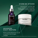 Dos productos para el cuidado de la piel de Medik8, un frasco cuentagotas oscuro y un tarro de crema blanco, colocados sobre un fondo verde oscuro. El frasco de la izquierda lleva la etiqueta «HYDR8 B5 INTENSE» con la descripción «Hidratación durante 24 horas ayudando a suavizar el aspecto de las líneas de expresión». El tarro de la derecha lleva la etiqueta «ADVANCED NIGHT RESTORE» con la descripción «Nutre profundamente la piel y suaviza las arrugas visibles».