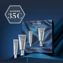Cuatro productos para el cuidado de la piel de Medik8, entre los que se incluyen un frasco con dosificador plateado y tres tubos plateados de diferentes tamaños, dispuestos sobre un fondo azul oscuro con textura. En la esquina superior izquierda se muestra de forma destacada un hexágono blanco con el texto AHORRO 35€