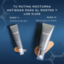 Dos productos para el cuidado de la piel de Medik8, un tubo plateado (Paso 1: Contorno de ojos) y un frasco con dosificador plateado (Paso 2: Sérum facial), mostrados sobre un fondo azul oscuro. El texto «TU RUTINA NOCTURNA ANTIEDAD PARA EL ROSTRO Y LOS OJOS» aparece en la parte superior, con «PASO 1: Contorno de ojos» y «PASO 2: Sérum para el rostro» claramente etiquetados junto a sus respectivos productos.