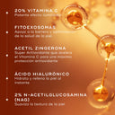 Representación molecular de los ingredientes clave de Medik8 C-Tetra Advanced, con texto que destaca el 20% de vitamina C, los fitoexosomas, la acetilzingerona, el ácido hialurónico y la N-acetilglucosamina (NAG) para aportar luminosidad, hidratación y apoyo a la barrera cutánea
