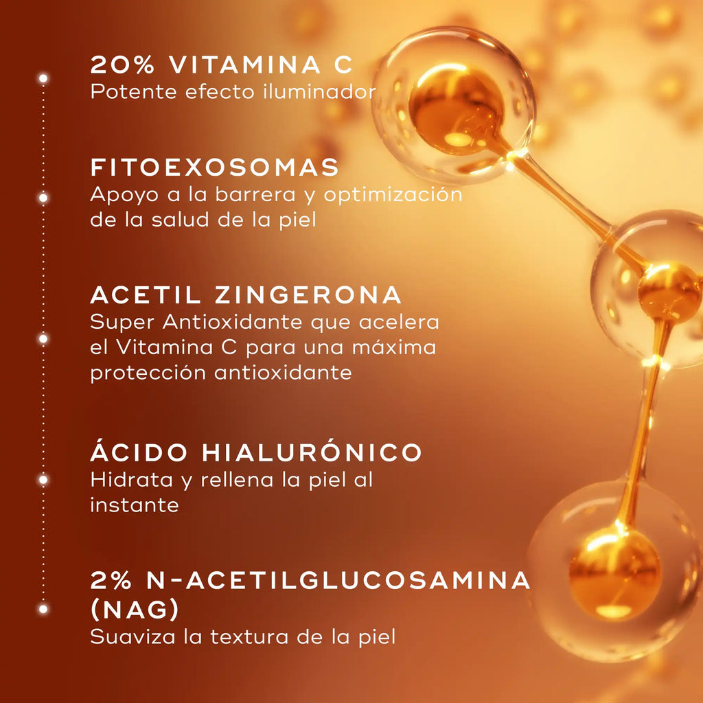 Representación molecular de los ingredientes clave de Medik8 C-Tetra Advanced, con texto que destaca el 20% de vitamina C, los fitoexosomas, la acetilzingerona, el ácido hialurónico y la N-acetilglucosamina (NAG) para aportar luminosidad, hidratación y apoyo a la barrera cutánea
